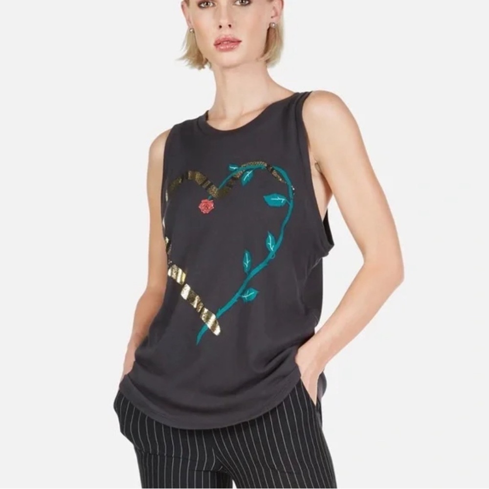 Lauren Moshi Snake Graphic Tank Top Muscle Tee Shirt Black Heart Metallic S